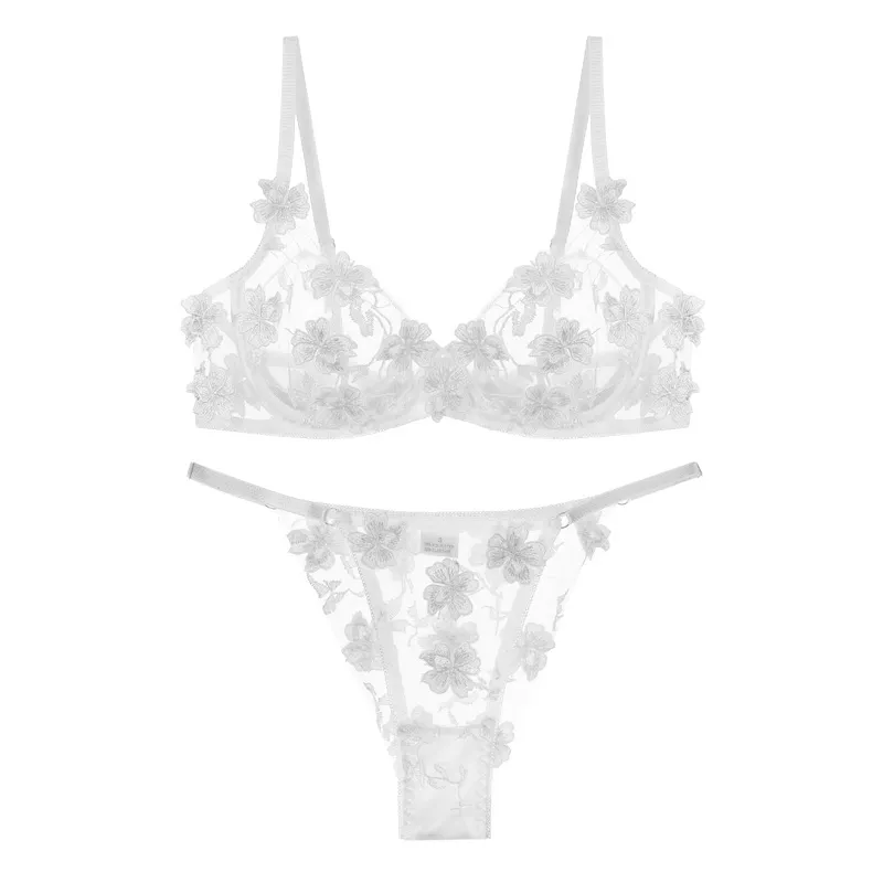 A-Cカップ セクシー スウィート 花柄 後ろホック 透け感 ワイヤー入り ブラ・ショーツセット