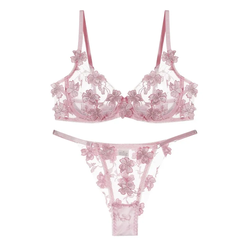 A-Cカップ セクシー スウィート 花柄 後ろホック 透け感 ワイヤー入り ブラ・ショーツセット