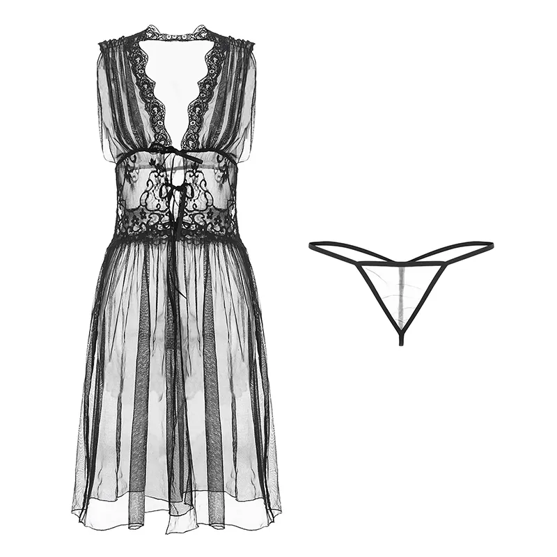 セクシー ボウタイ レース 透け感 透かし彫り Ｔバック付き 瞬間脱着 ベビードール