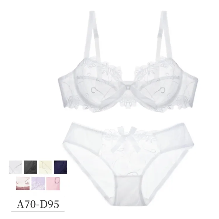 女性らしい  A-Eカップ レース  刺繍 リボン チュール セクシー チラリ ワイヤー入り ブラ・ショーツセット