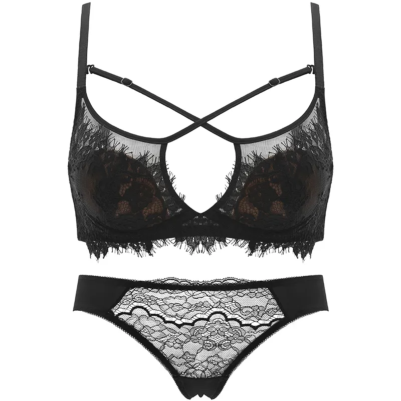 美人度アップ 透かし彫り セクシー 谷間メイク A-Dカップ ソフトワイヤー 超薄い レース 切り替え ブラ・ショーツセット