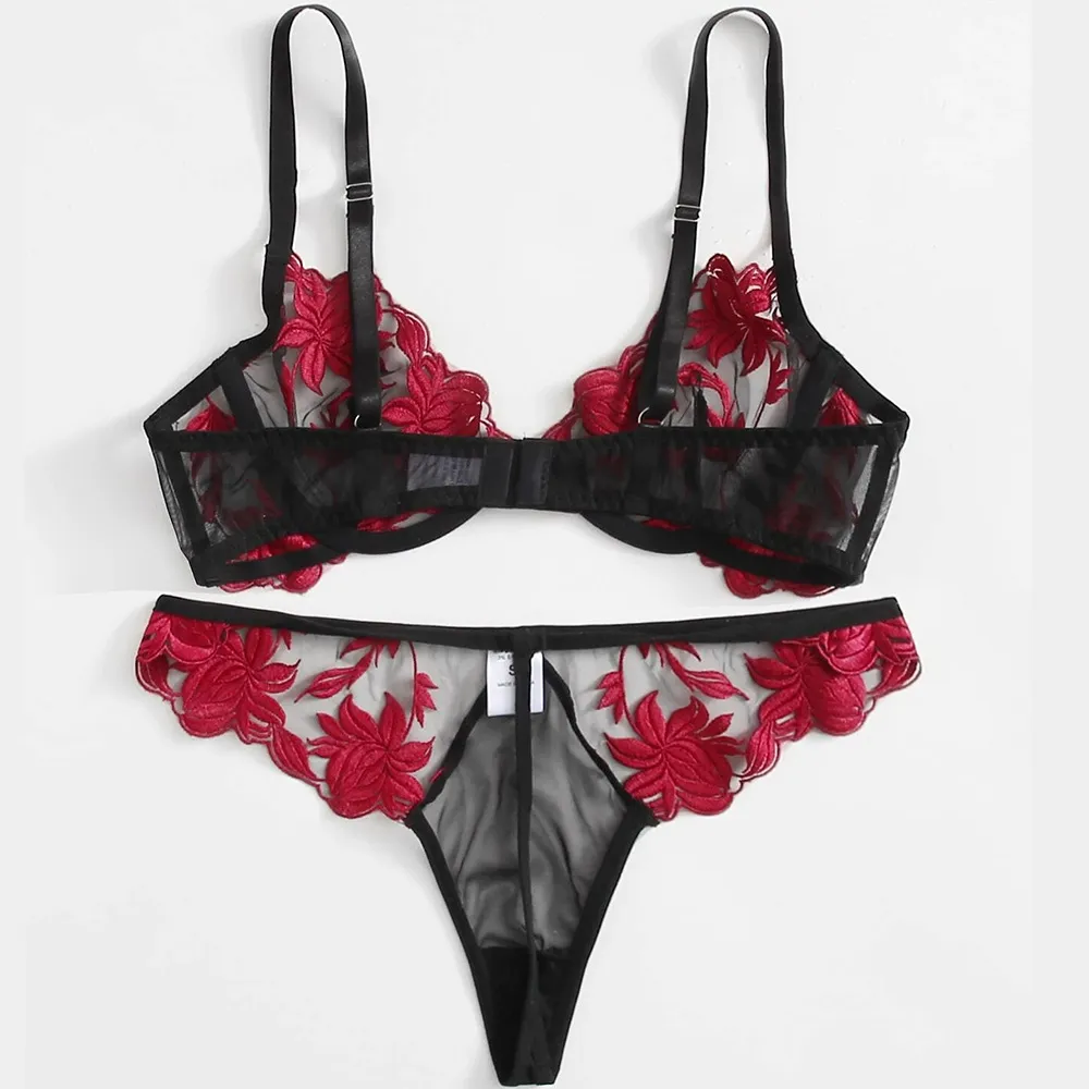 セクシー 刺繡 メッシュ 透け透け ノンワイヤー 美胸 通気性良い ブラ・ショーツセット