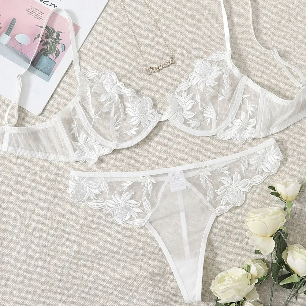 セクシー 刺繡 メッシュ 透け透け ノンワイヤー 美胸 通気性良い ブラ・ショーツセット