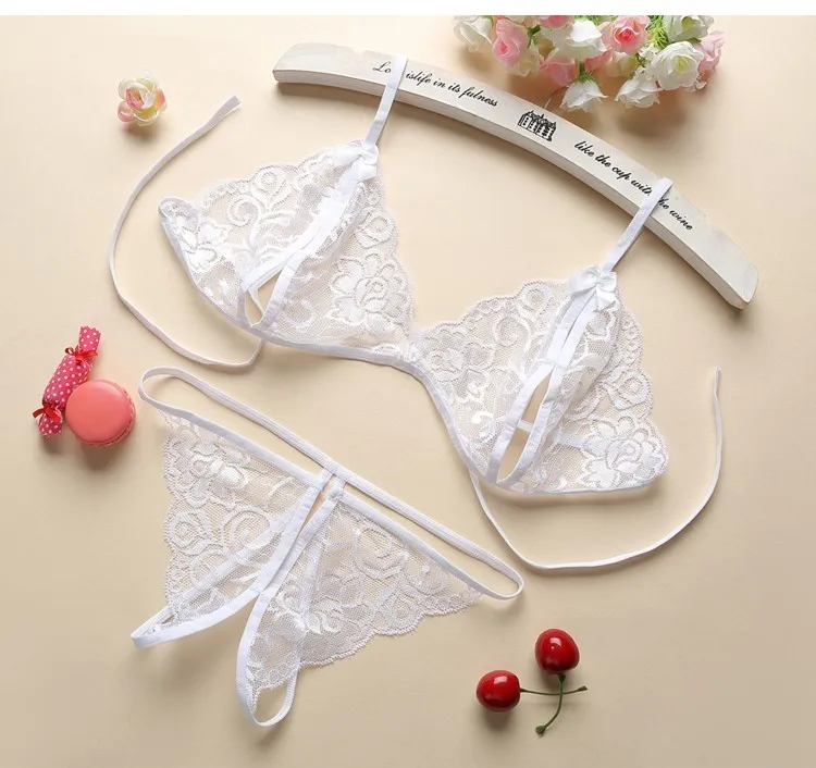 セクシー ボウタイ 透け感 透かし彫り ノンワイヤー レース Tバック ブラ・ショーツセット