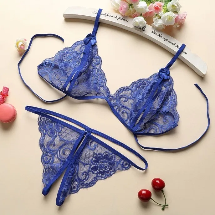 セクシー ボウタイ 透け感 透かし彫り ノンワイヤー レース Tバック ブラ・ショーツセット