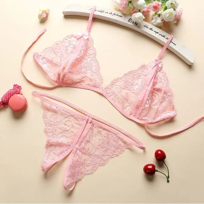 セクシー ボウタイ 透け感 透かし彫り ノンワイヤー レース Tバック ブラ・ショーツセット