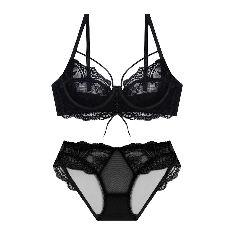 セクシー レース 超薄め 透かし彫り ボウタイ ワイヤー入り 通気性良い B-Eカップ 脇高 ブラ・ショーツセット