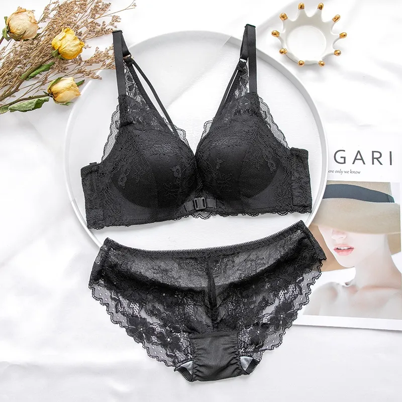 A-Bカップ  バスト美人 花柄レース フロントホック セクシー 無地 ノンワイヤー ブラ・ショーツセット