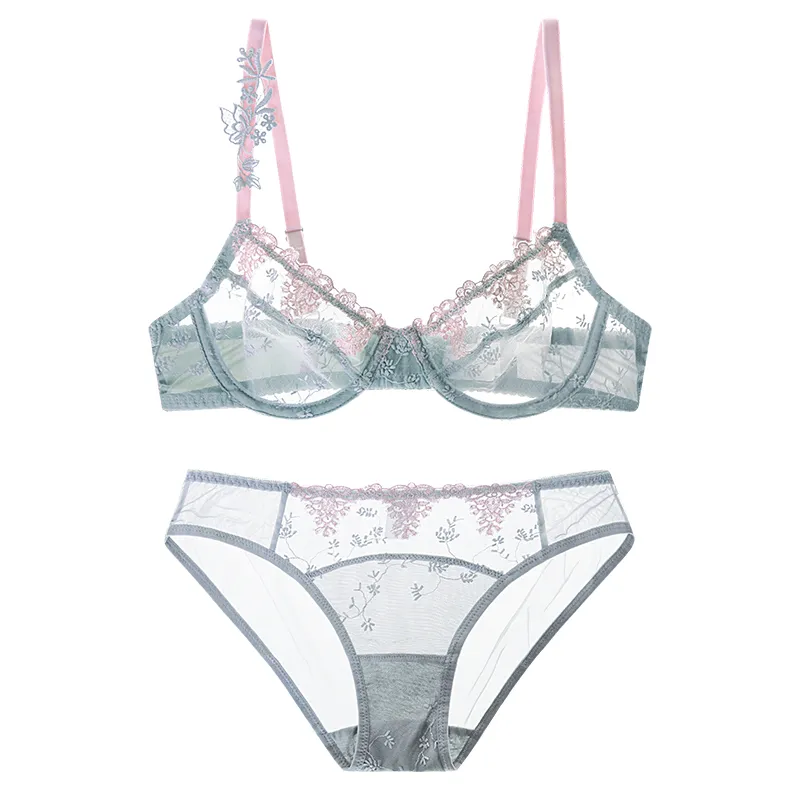 【精緻で美しい】 A-Eカップ 単品販売可能 刺繡 花柄  レース リボン 透け感 ワイヤー入り ブラ・ショーツセット
