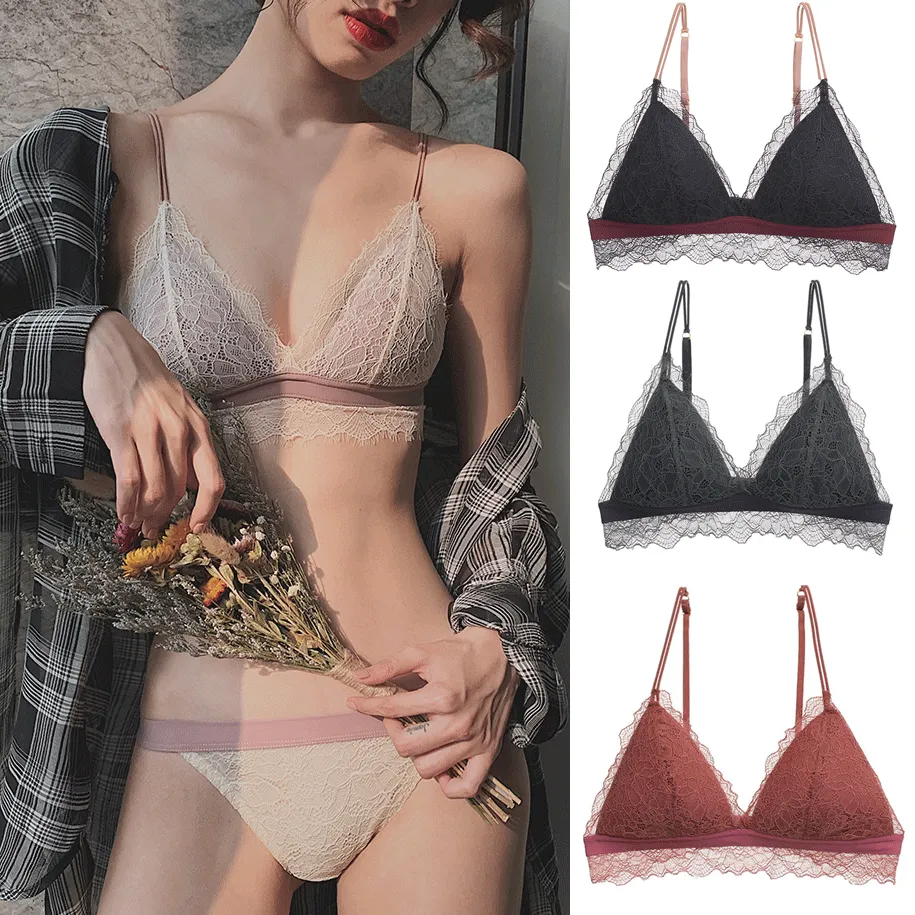 三角カップ 大人可愛い セクシー ノンワイヤー A-Cカップ レース ブラ・ショーツセット
