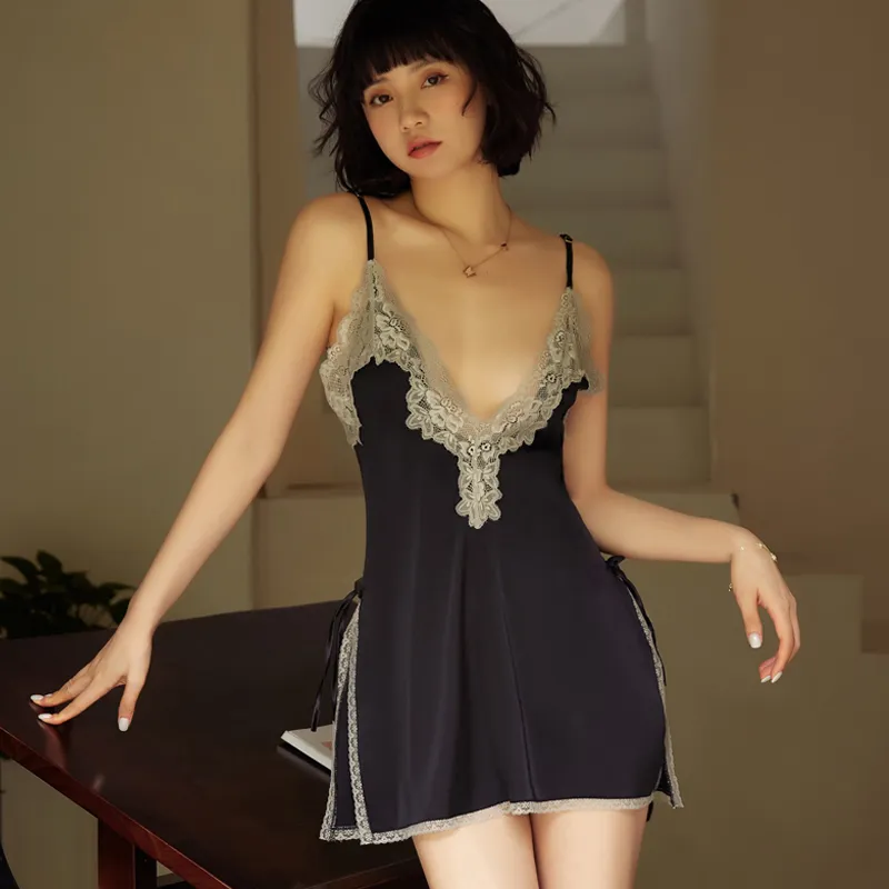 バックレス 切り替え レース スリット シルク 誘惑 セクシー Ⅴネック ベビードール