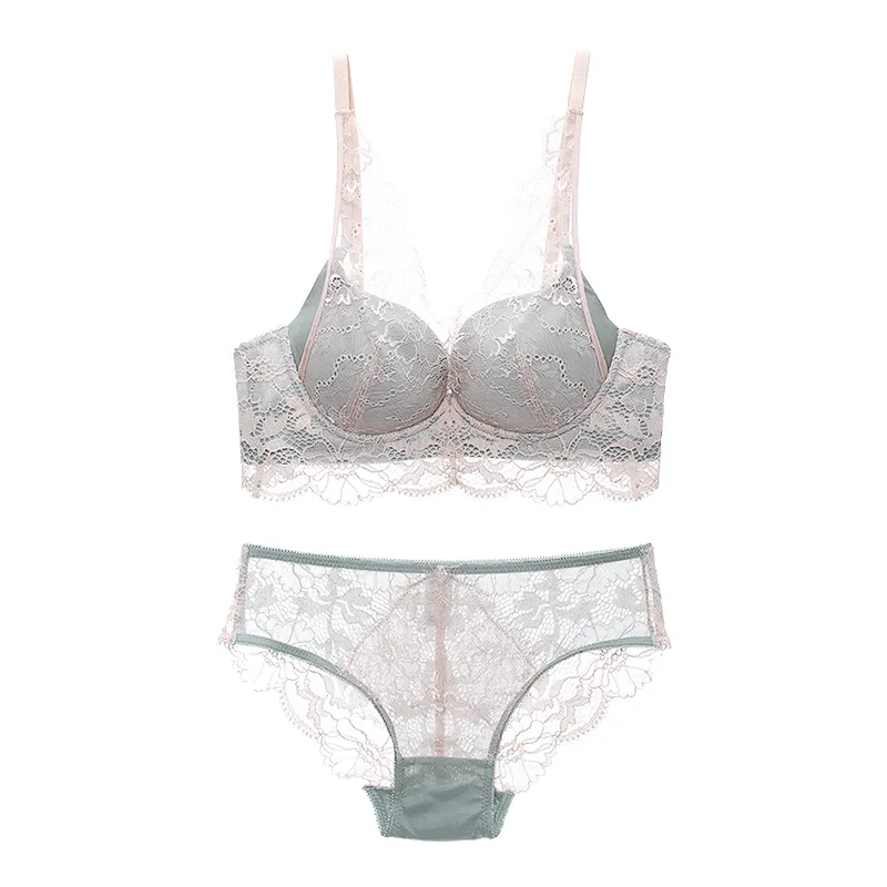 (A-Cカップ) 盛れる ノンワイヤー ハミ肉ゼロ 脇高 レース 体型補正  ブラ・ショーツセット