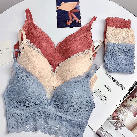 フェミニン A-Cカップ セクシー レース ノンワイヤー 盛れる 薄い 後ろホック ブラ・ショーツセット