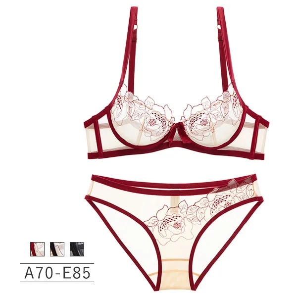 【綺麗な刺繡】A-Eカップ 超人気商品 刺繡 メッシュ 透け透け ワイヤー入り ブラ・ショーツセット