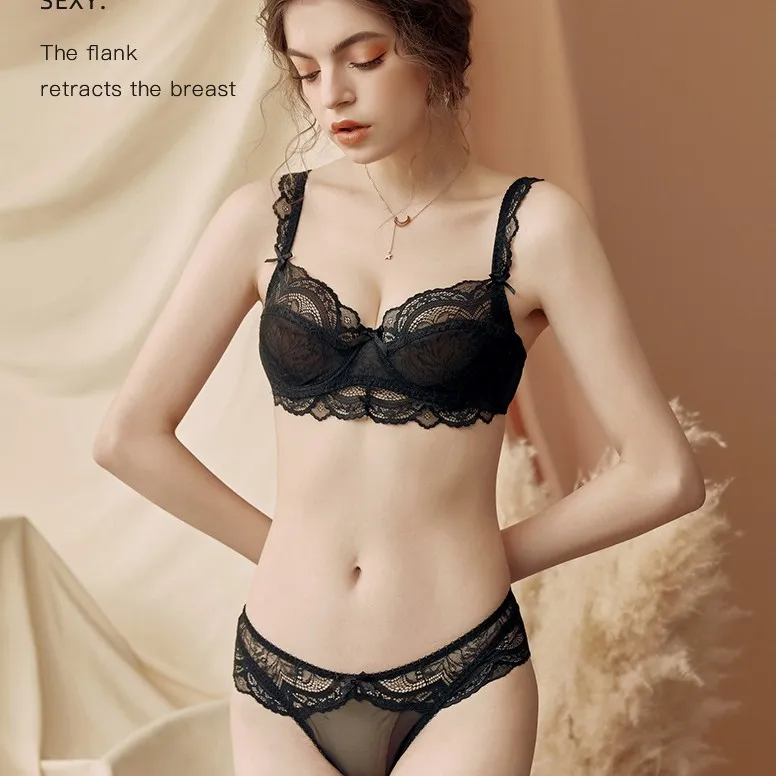 【超薄め】透け感 フェミニン セクシー 透かし彫り A-Eカップ レース ワイヤー入り ブラ・ショーツセット