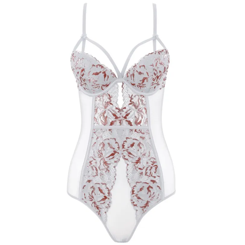 フェミニン ボディスーツ 超薄め 刺繍 セクシー 透かし彫り ワイヤー入り ブラ・ショーツセット