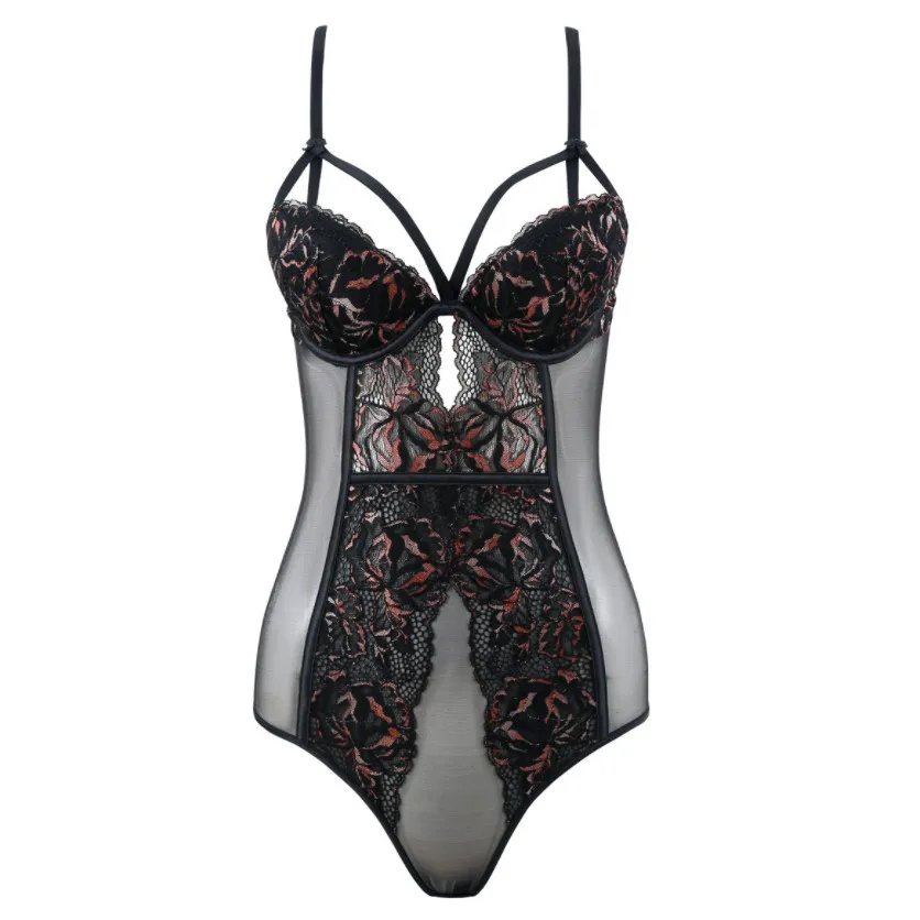 フェミニン ボディスーツ 超薄め 刺繍 セクシー 透かし彫り ワイヤー入り ブラ・ショーツセット