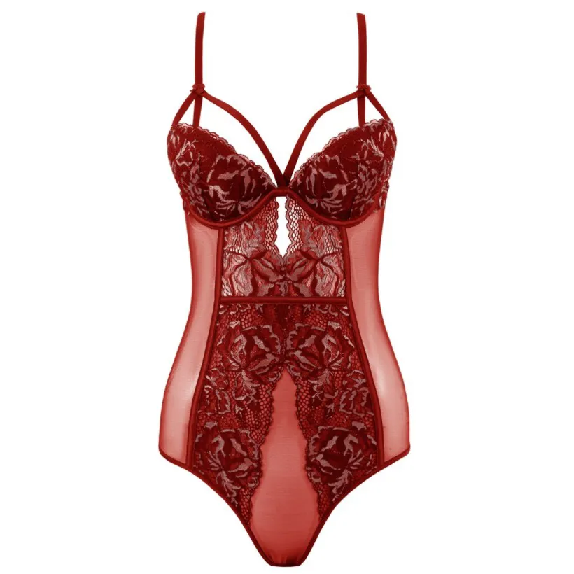 フェミニン ボディスーツ 超薄め 刺繍 セクシー 透かし彫り ワイヤー入り ブラ・ショーツセット