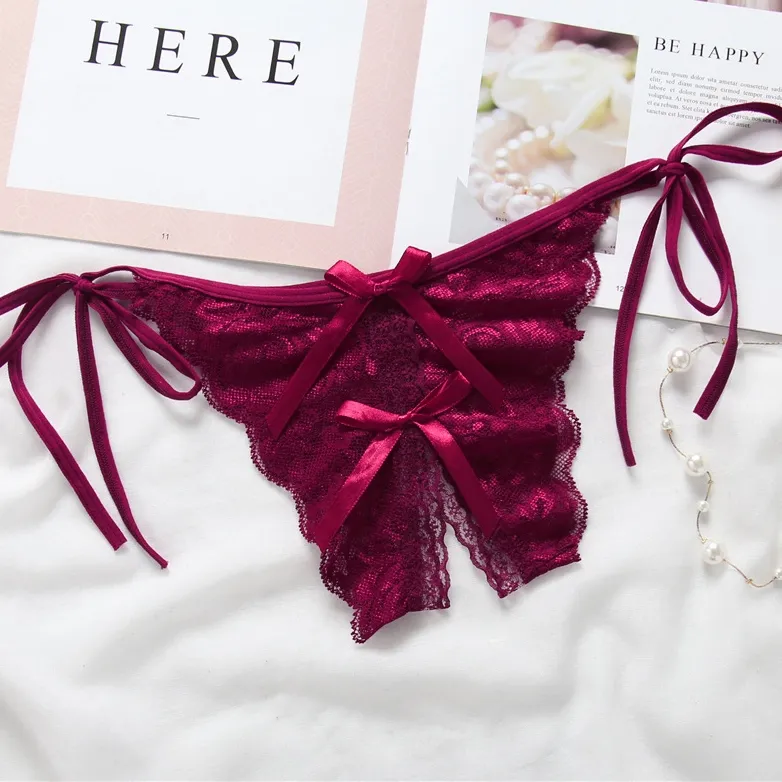 セクシー 誘惑 レース リボン付き 穴開き ボウタイ 瞬間脱着 Ｔバック・タンガ