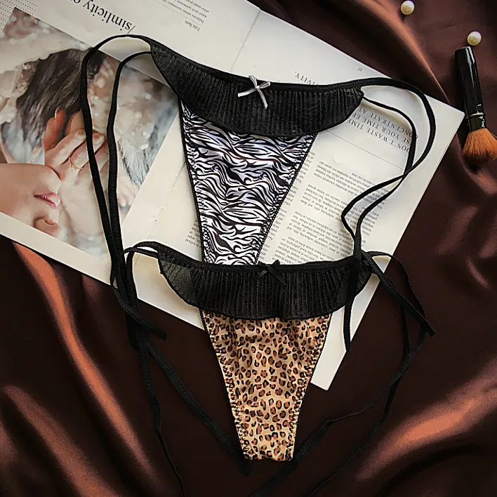 セクシー アニマル柄 ヒョウ柄 フリル ボウタイ 瞬間脱着 Ｔバック・タンガ
