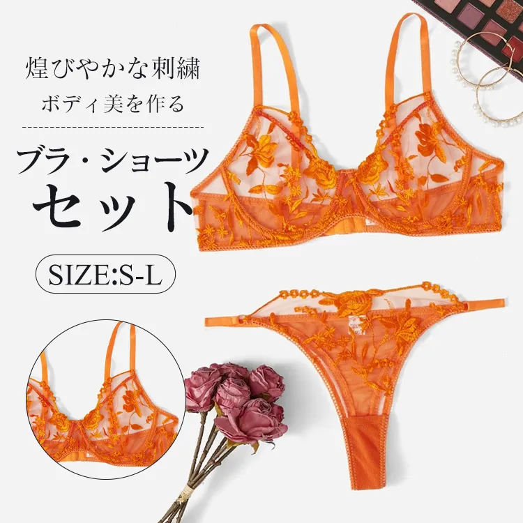 人気新作 バストケア 透け感 ワイヤー入り 刺繡デザイン セクシー 盛れる  ブラ・ショーツセット