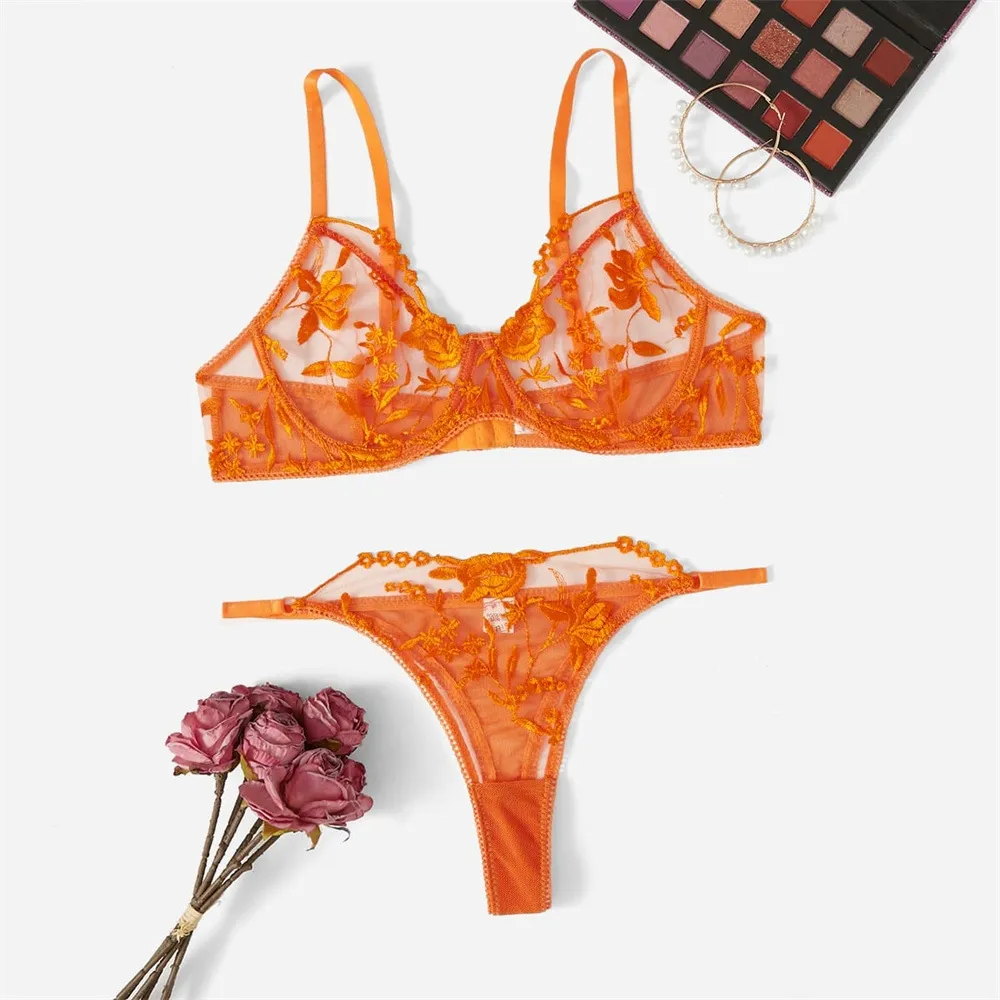 人気新作 バストケア 透け感 ワイヤー入り 刺繡デザイン セクシー 盛れる  ブラ・ショーツセット
