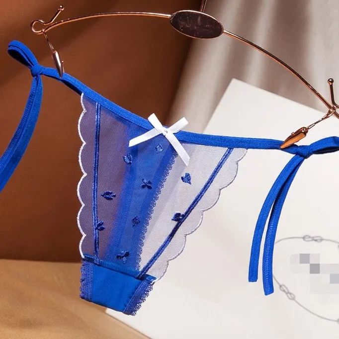 目立つ ボウタイ 刺繡 メッシュ 透かし彫り リボン付き Ｔバック・タンガ