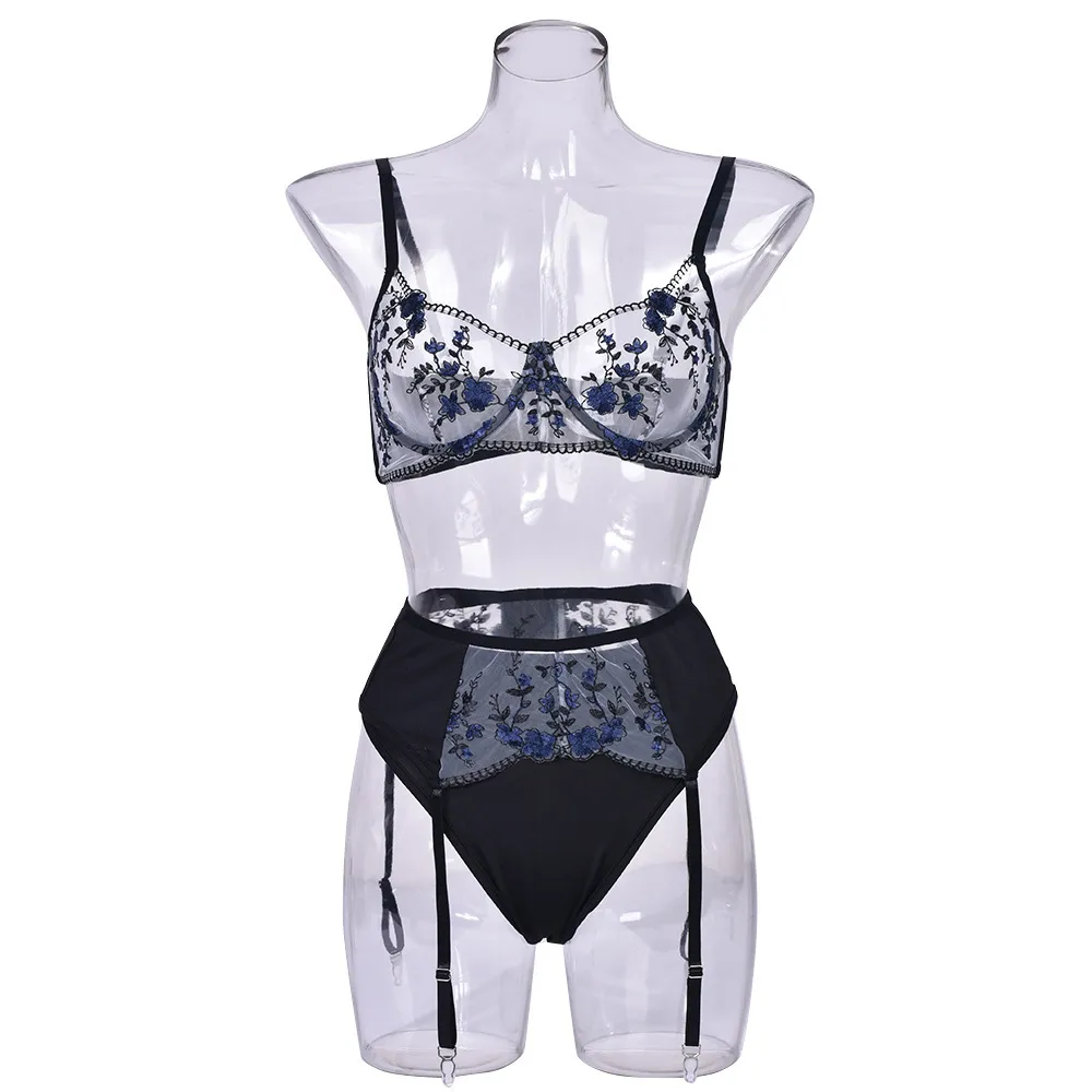 欧米スタイル 刺繡花柄 ワイヤー入り 美乳 ハミ肉ゼロ 透け感 ガーターベルト付き ブラ・ショーツセット