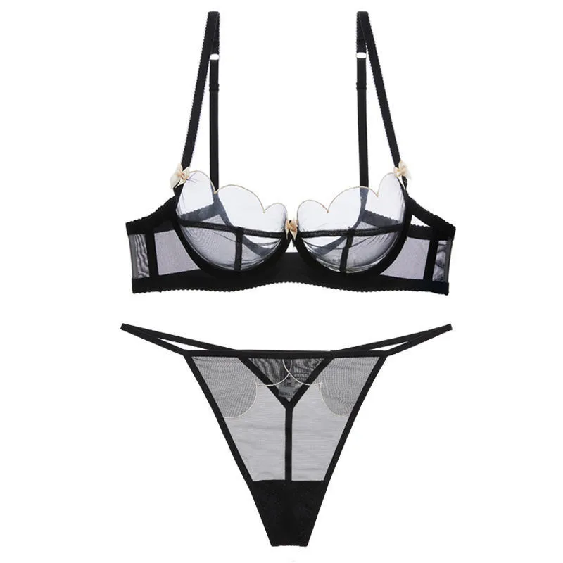 【花びらのデザイン】誘惑 メッシュ 単品販売 ワイヤー入り 薄手 透け透け A-Eカップ 脇高 ブラ・ショーツセット