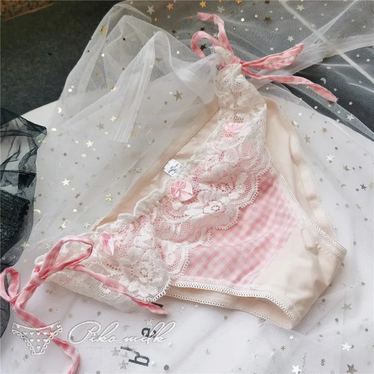 キュートチャック柄レース切り替え紐パンTバック・タンガ