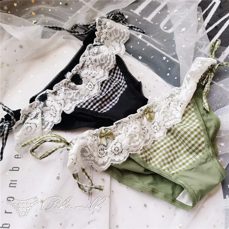 キュートチャック柄レース切り替え紐パンTバック・タンガ