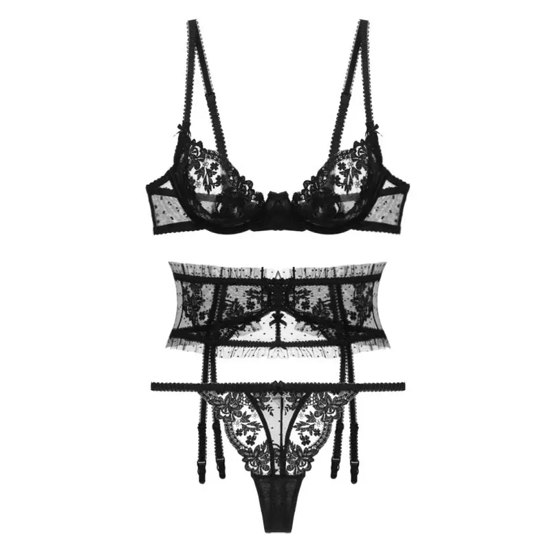 セクシー レース 刺繡 花柄 ワイヤー入り 透かし彫り A-Cカップ ブラ・ショーツセット