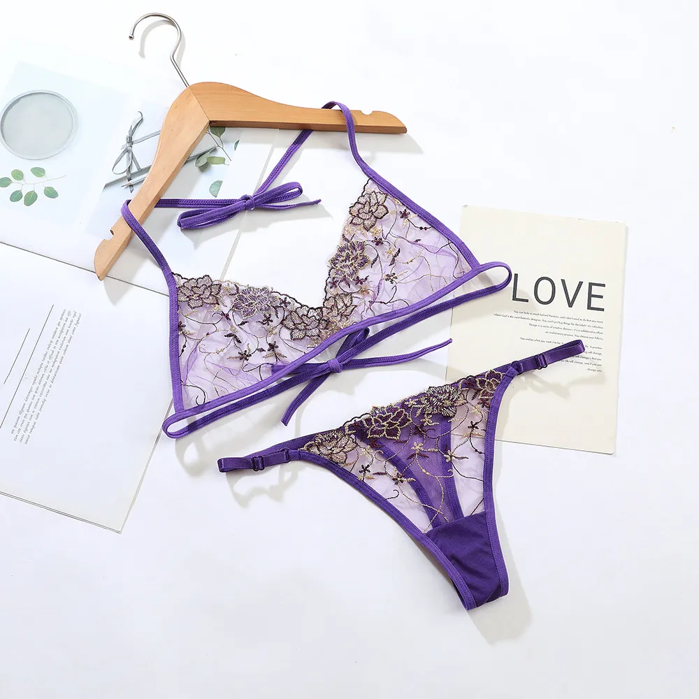 6色展開 セクシー ノンワイヤー A-Cカップ スケスケ 刺繡 美乳 メッシュ ブラ・ショーツセット