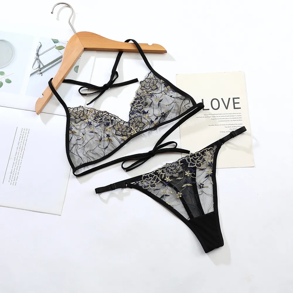 6色展開 セクシー ノンワイヤー A-Cカップ スケスケ 刺繡 美乳 メッシュ ブラ・ショーツセット