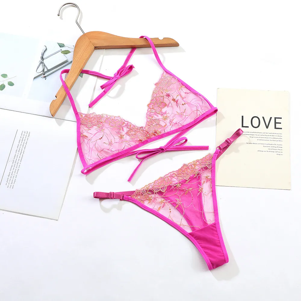 6色展開 セクシー ノンワイヤー A-Cカップ スケスケ 刺繡 美乳 メッシュ ブラ・ショーツセット