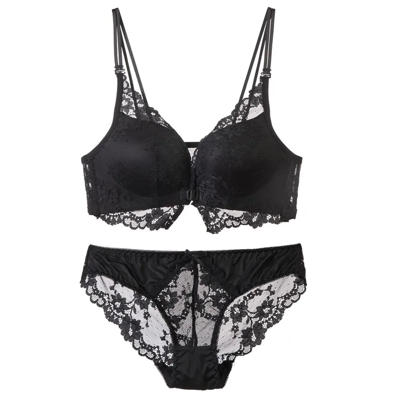上品さたっぷり 谷間メイク フロントホック 美胸 A-Cカップ レース 切り替え ノンワイヤー フェミニン ブラ・ショーツセット
