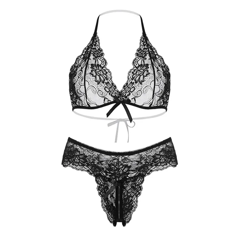 【人気商品再入荷】レース 透け透け ホルターネック 穴開き 誘惑 リボン付き 瞬間脱着 ノンワイヤー ブラ・ショーツセット