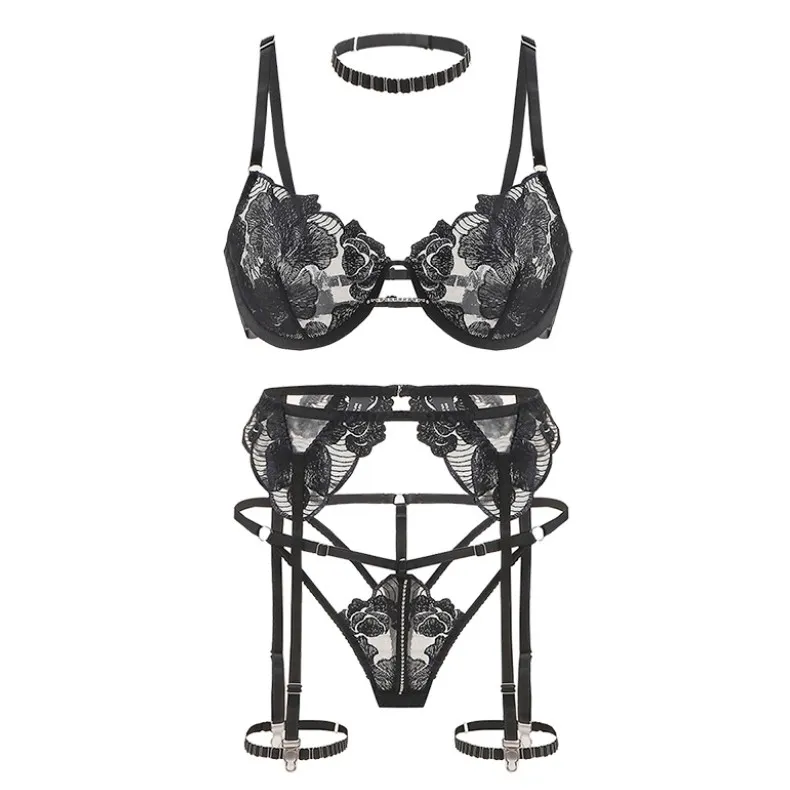 セクシー 大人女子 谷間メイク ワイヤー入り スケスケ レース ガーターベルト付き ブラ・ショーツセット