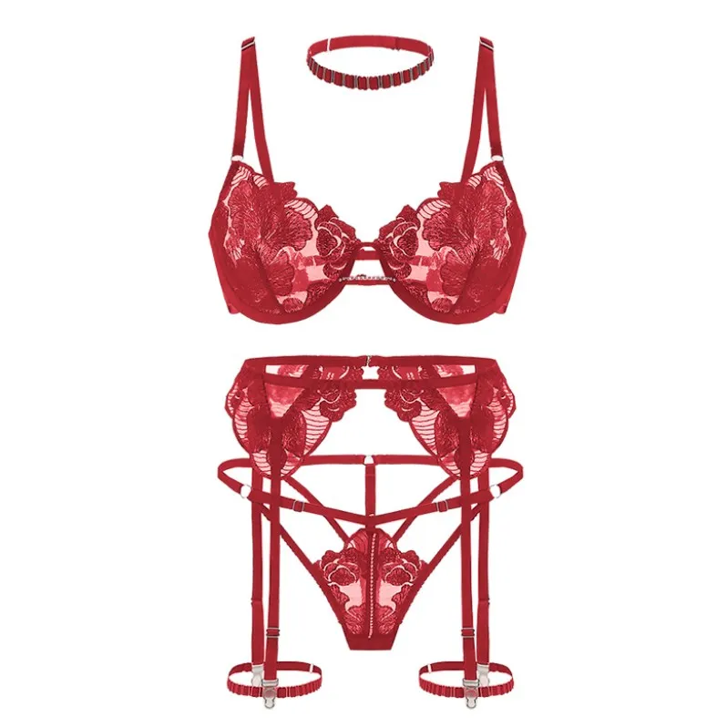 セクシー 大人女子 谷間メイク ワイヤー入り スケスケ レース ガーターベルト付き ブラ・ショーツセット