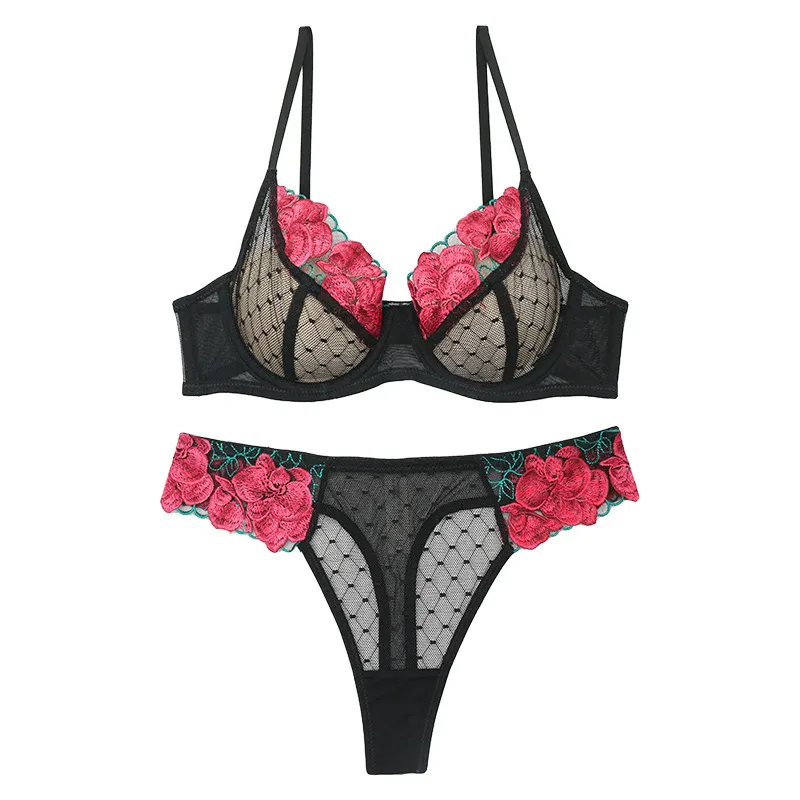フェミニン 刺繡 レース 薄手 ワイヤー入り 透け透け A-Cカップ チェック柄 着痩せ ブラ・ショーツセット