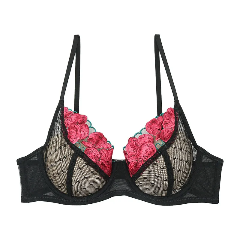 フェミニン 刺繡 レース 薄手 ワイヤー入り 透け透け A-Cカップ チェック柄 着痩せ ブラ・ショーツセット