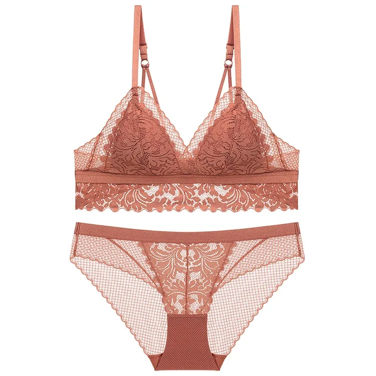 【通気性良い】（A-Cカップ）フランス系 レース 透け感 ノンワイヤー  無地 ブラ・ショーツセット