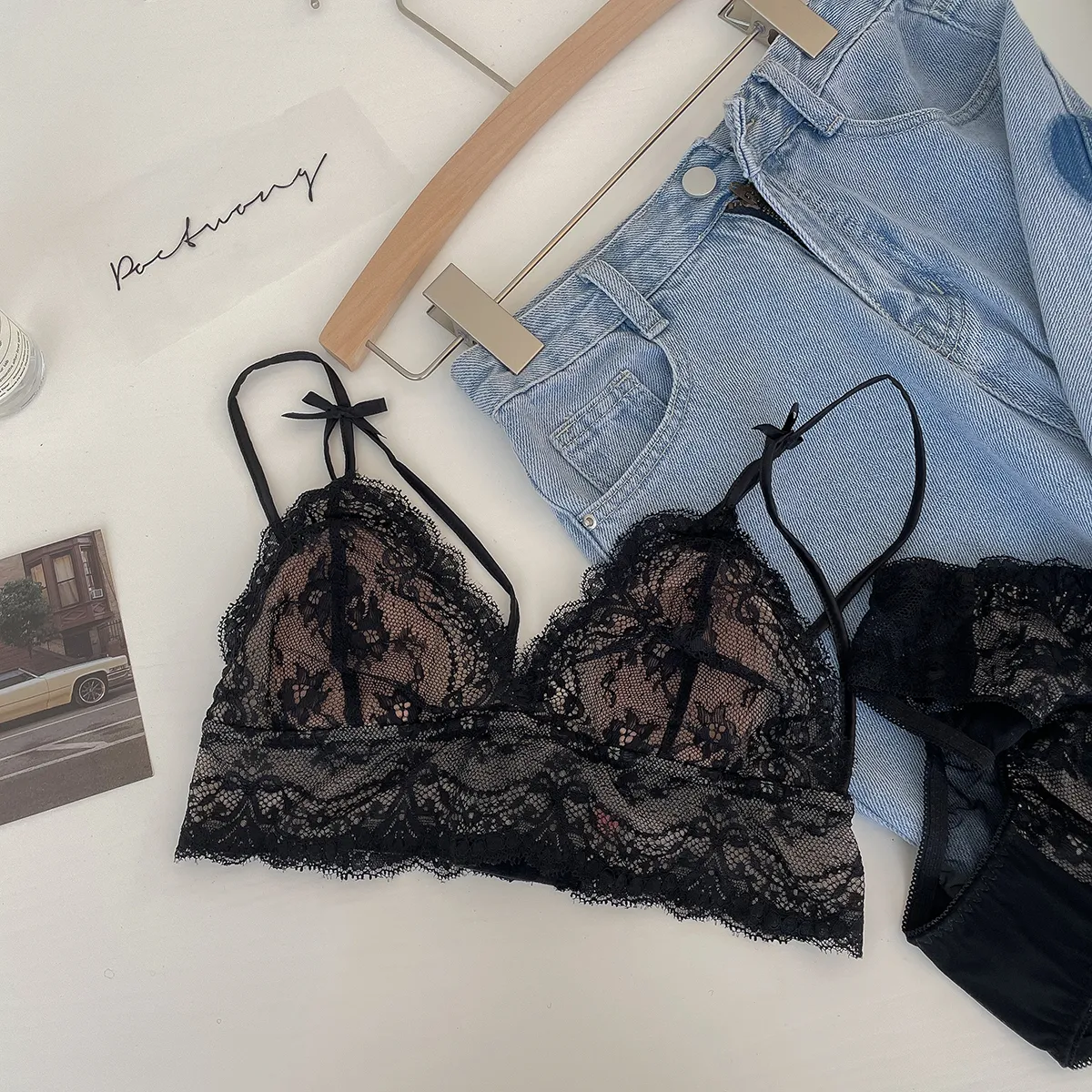 三角カップ レース ノンワイヤー A-Cカップ 谷間メイク エロカワ スケスケ ブラ・ショーツセット