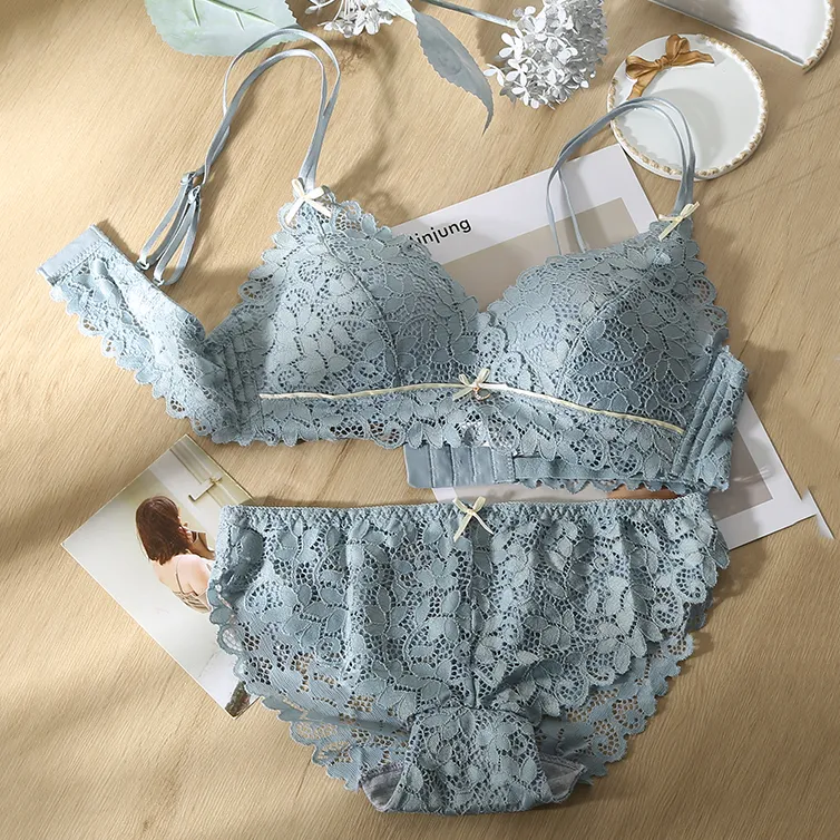 お揃い効果 総レース A-Cカップ  谷間メイク リボン付き ノンワイヤー 通気性良い ブラ・ショーツセット