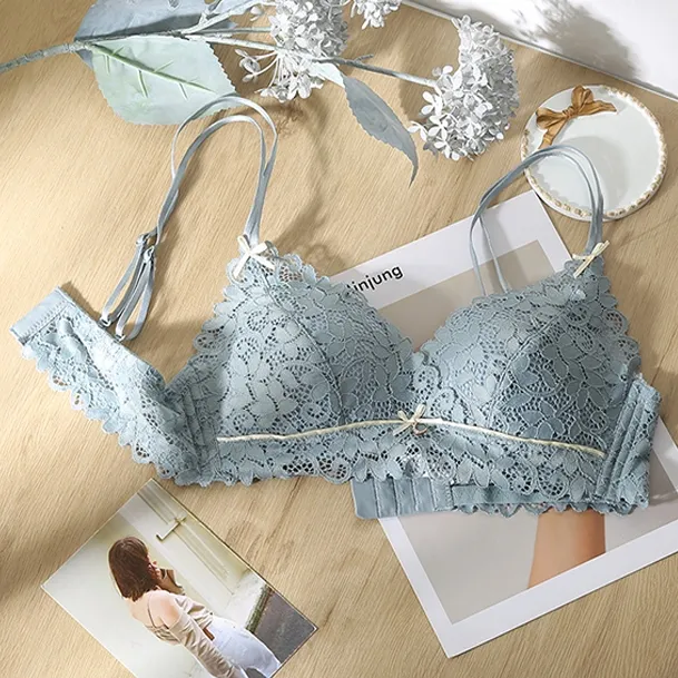 お揃い効果 総レース A-Cカップ  谷間メイク リボン付き ノンワイヤー 通気性良い ブラ・ショーツセット
