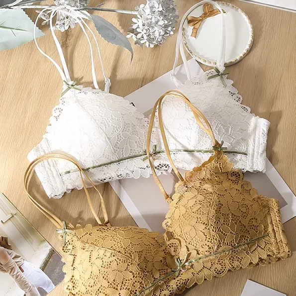 お揃い効果 総レース A-Cカップ  谷間メイク リボン付き ノンワイヤー 通気性良い ブラ・ショーツセット