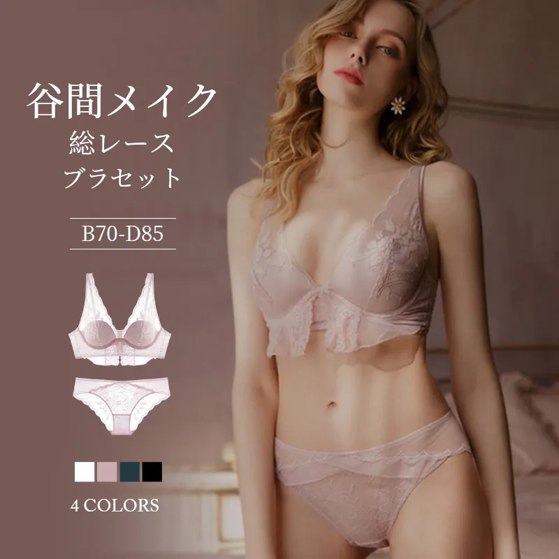 フランス式 レース 刺繡 透かし彫り A-Dカップ  Ｖネック ワイヤー入り ブラ・ショーツセット