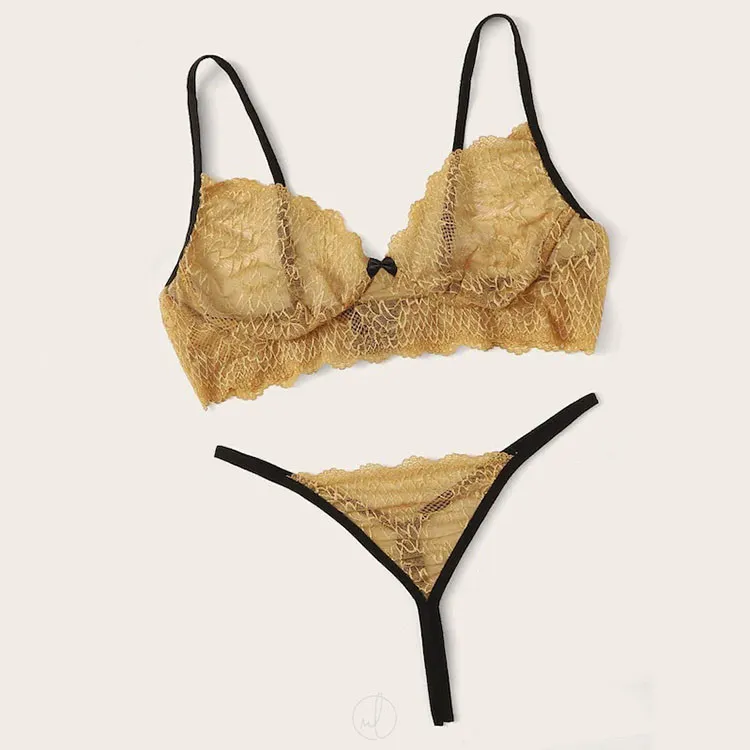 ins超人気 スケスケ 配色 レース リボン Tバック 締め付け感ゼロ ノンワイヤー 高通気 ブラ・ショーツセット