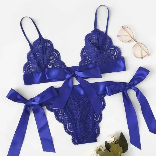 女子力アップ セクシー ボウタイ 高通気 セクシー 透け感 ノンワイヤー ブラ・ショーツセット