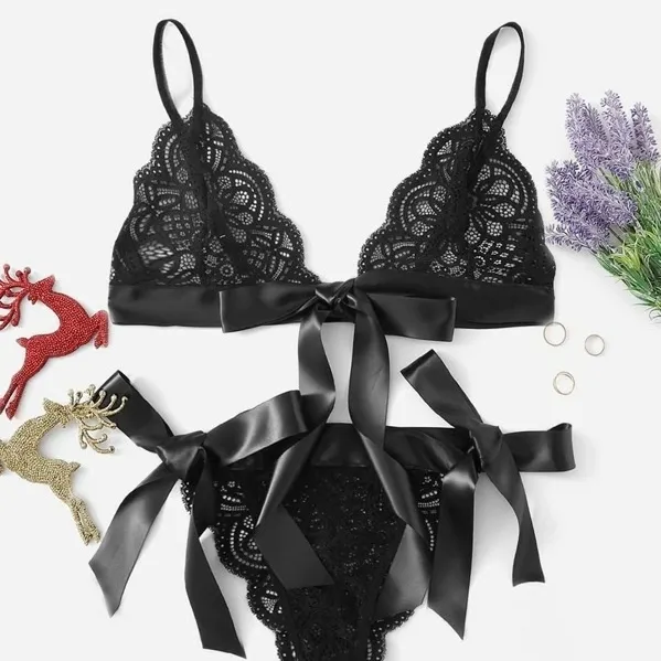 女子力アップ セクシー ボウタイ 高通気 セクシー 透け感 ノンワイヤー ブラ・ショーツセット